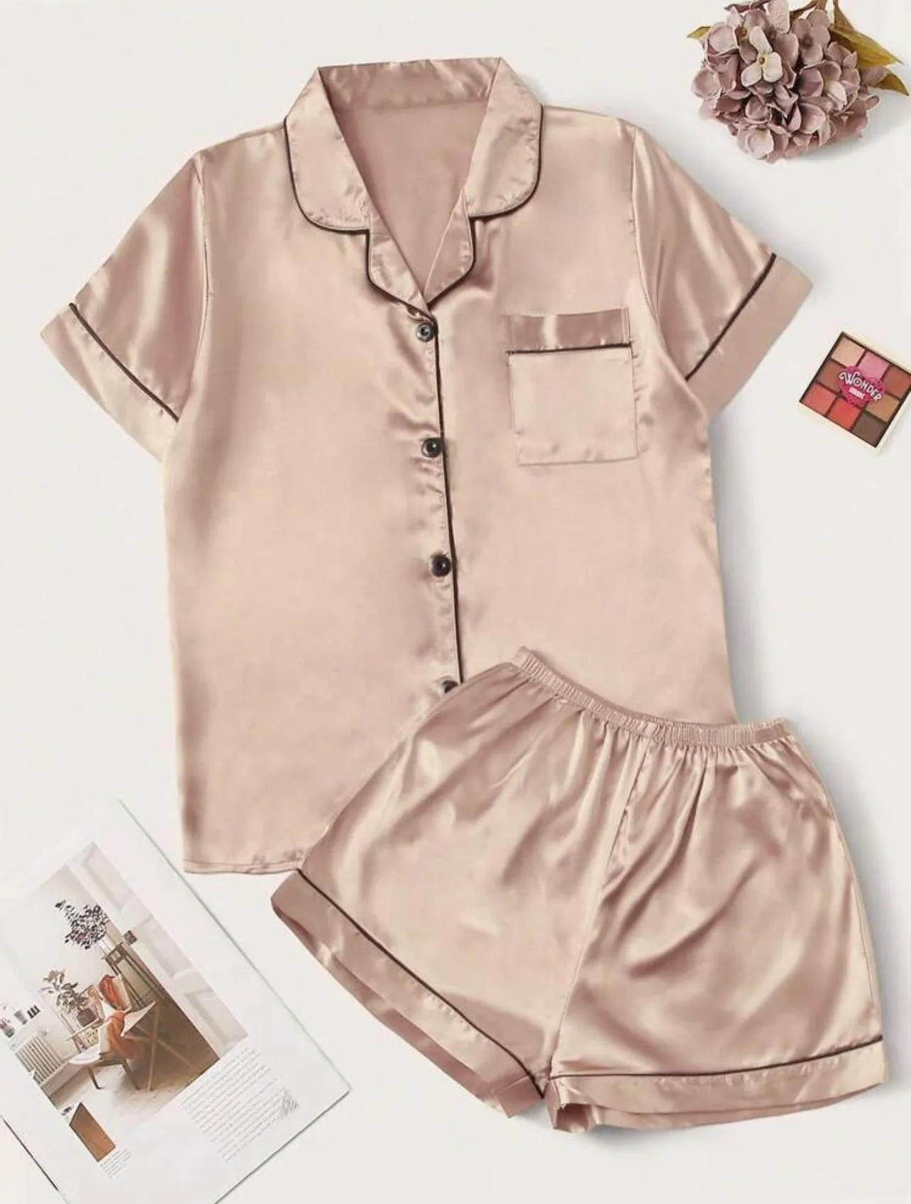 2 Piece Pajama Set, Short Sleeve Top and Shorts with Piping