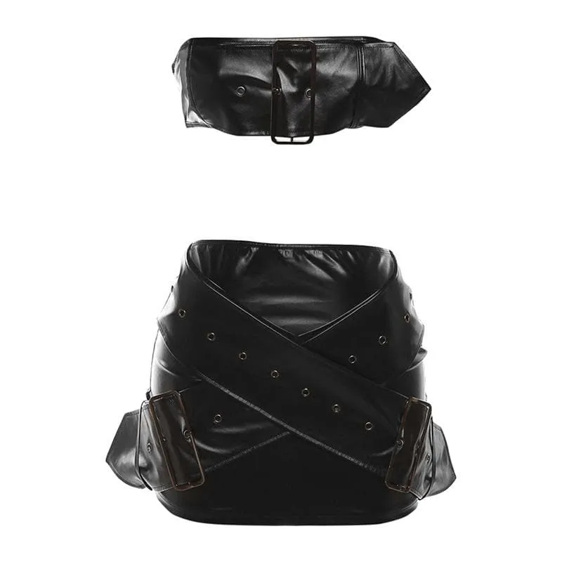 BerriesJam - Buckle Leather Cross Front Backless Solid Tube Mini Skirt Set