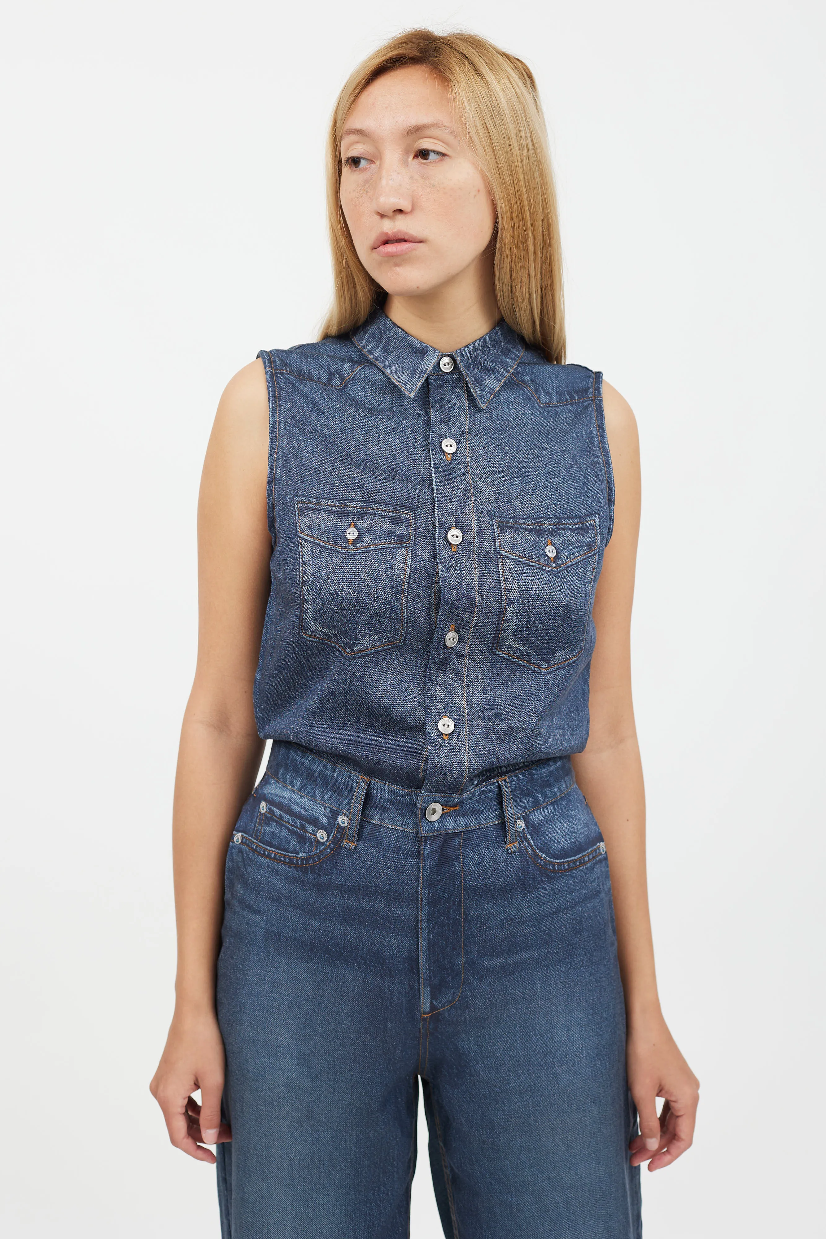 Blue Faux Denim Jumpsuit