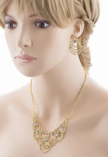 Bridal Wedding Jewelry Set Necklace Earring Crystal Rhinestone Bib Drape Gold