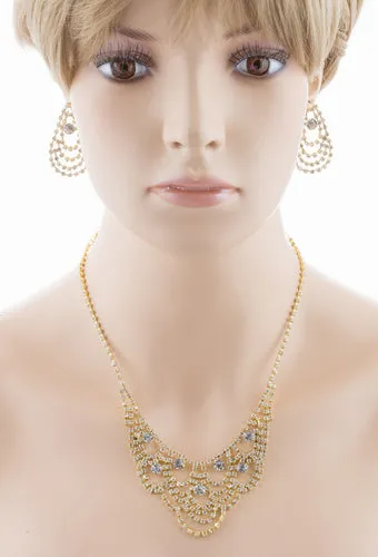 Bridal Wedding Jewelry Set Necklace Earring Crystal Rhinestone Bib Drape Gold