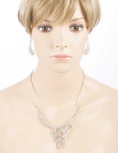Bridal Wedding Jewelry Set Necklace Earring Crystal Rhinestone Classic Silver