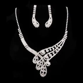 Bridal Wedding Jewelry Set Necklace Earring Crystal Rhinestone Classic Silver