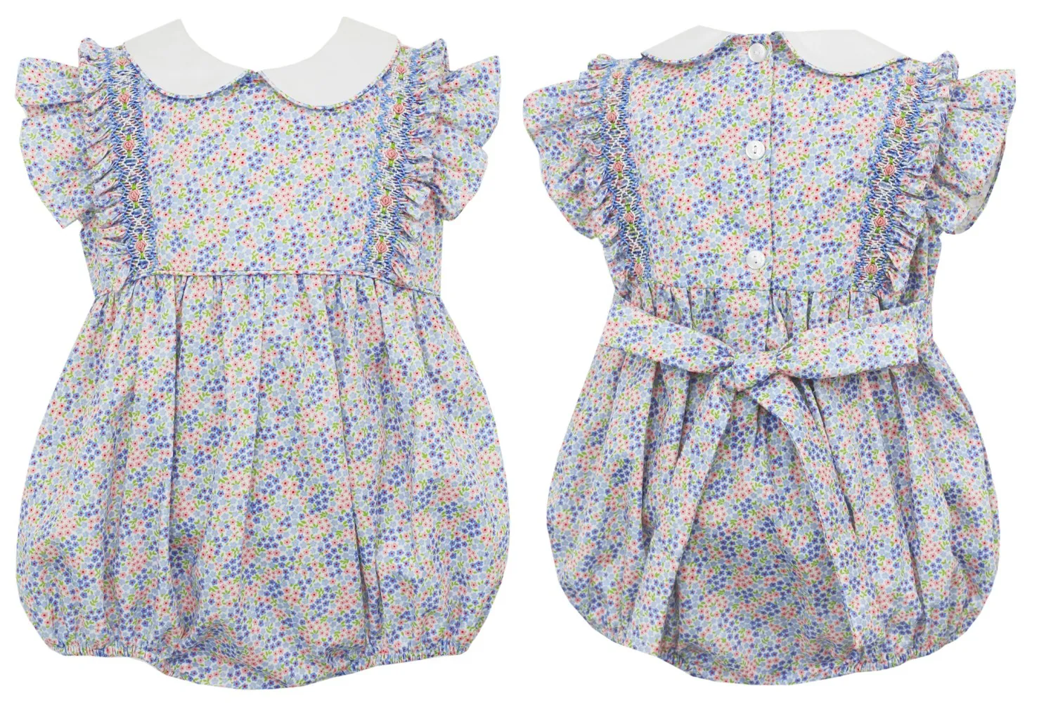 Claire & Charlie Baby Girls Blue & Pink Liberty Floral Smocked Ruffle Bubble