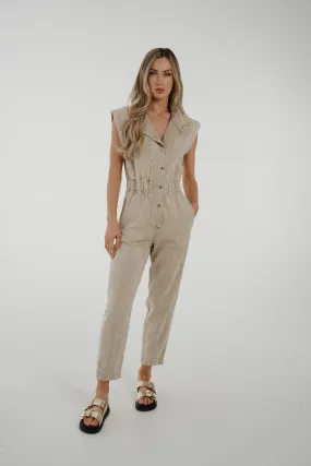 Cora Sleeveless Denim Jumpsuit In Beige