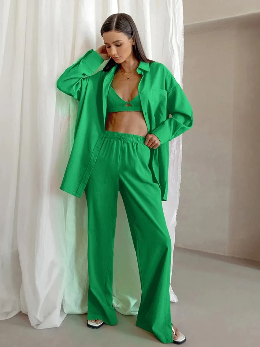 Cotton Shirt Long Pants Set Female Single-breasted Lapels Long Sleeve Shirt Suit 2022