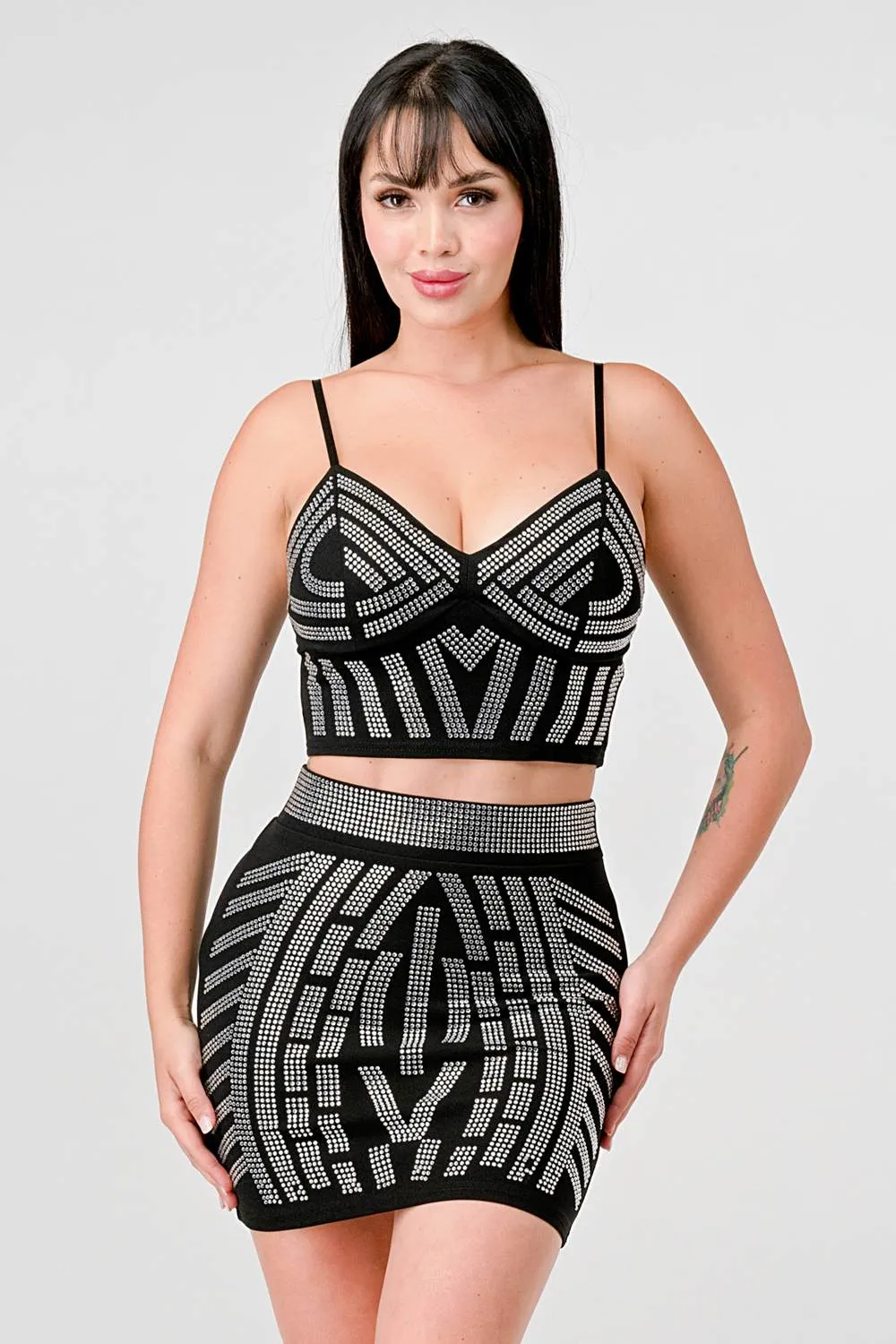 CREPE RHINETSTONE EMBELLISH TOP & MINI SKIRT SET
