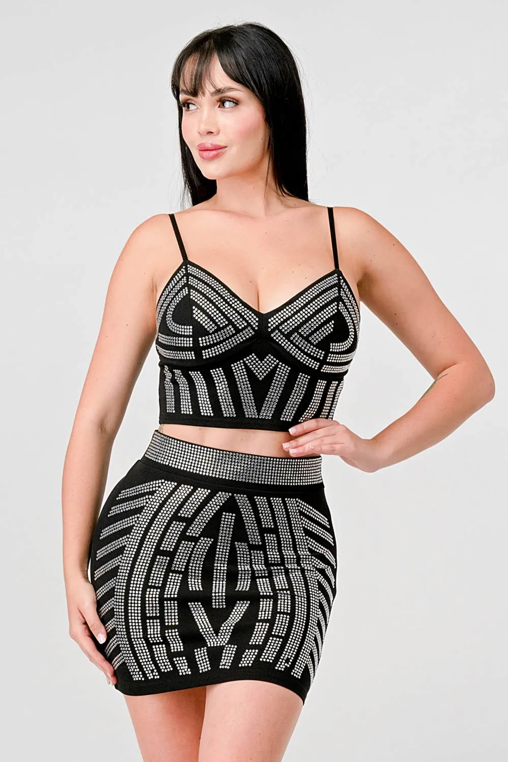 CREPE RHINETSTONE EMBELLISH TOP & MINI SKIRT SET