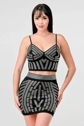 CREPE RHINETSTONE EMBELLISH TOP & MINI SKIRT SET