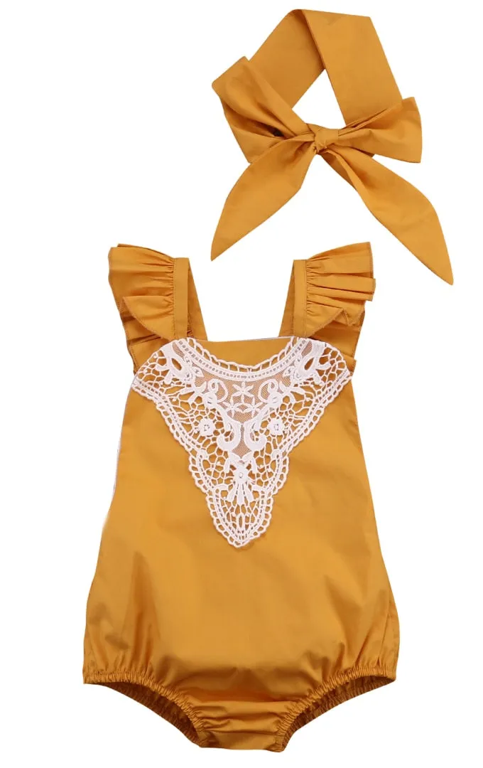 Cute Newborn Baby Girl Lace Splice Romper Clothes Infant Bebes Lace Jumpsuit Sunsuit   Headband 2PCS Outfit Clothing Set