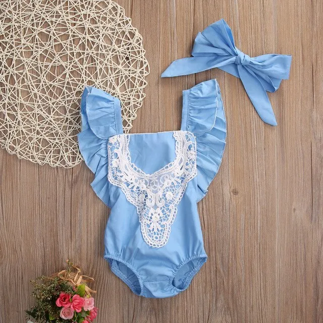 Cute Newborn Baby Girl Lace Splice Romper Clothes Infant Bebes Lace Jumpsuit Sunsuit   Headband 2PCS Outfit Clothing Set