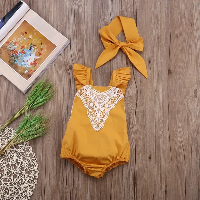 Cute Newborn Baby Girl Lace Splice Romper Clothes Infant Bebes Lace Jumpsuit Sunsuit   Headband 2PCS Outfit Clothing Set