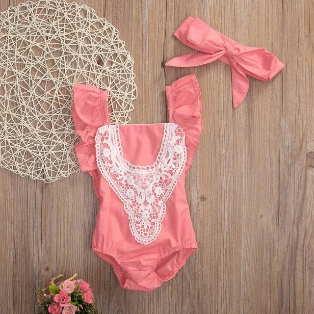 Cute Newborn Baby Girl Lace Splice Romper Clothes Infant Bebes Lace Jumpsuit Sunsuit   Headband 2PCS Outfit Clothing Set