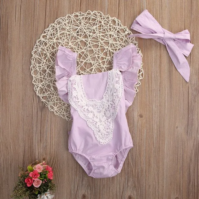 Cute Newborn Baby Girl Lace Splice Romper Clothes Infant Bebes Lace Jumpsuit Sunsuit   Headband 2PCS Outfit Clothing Set