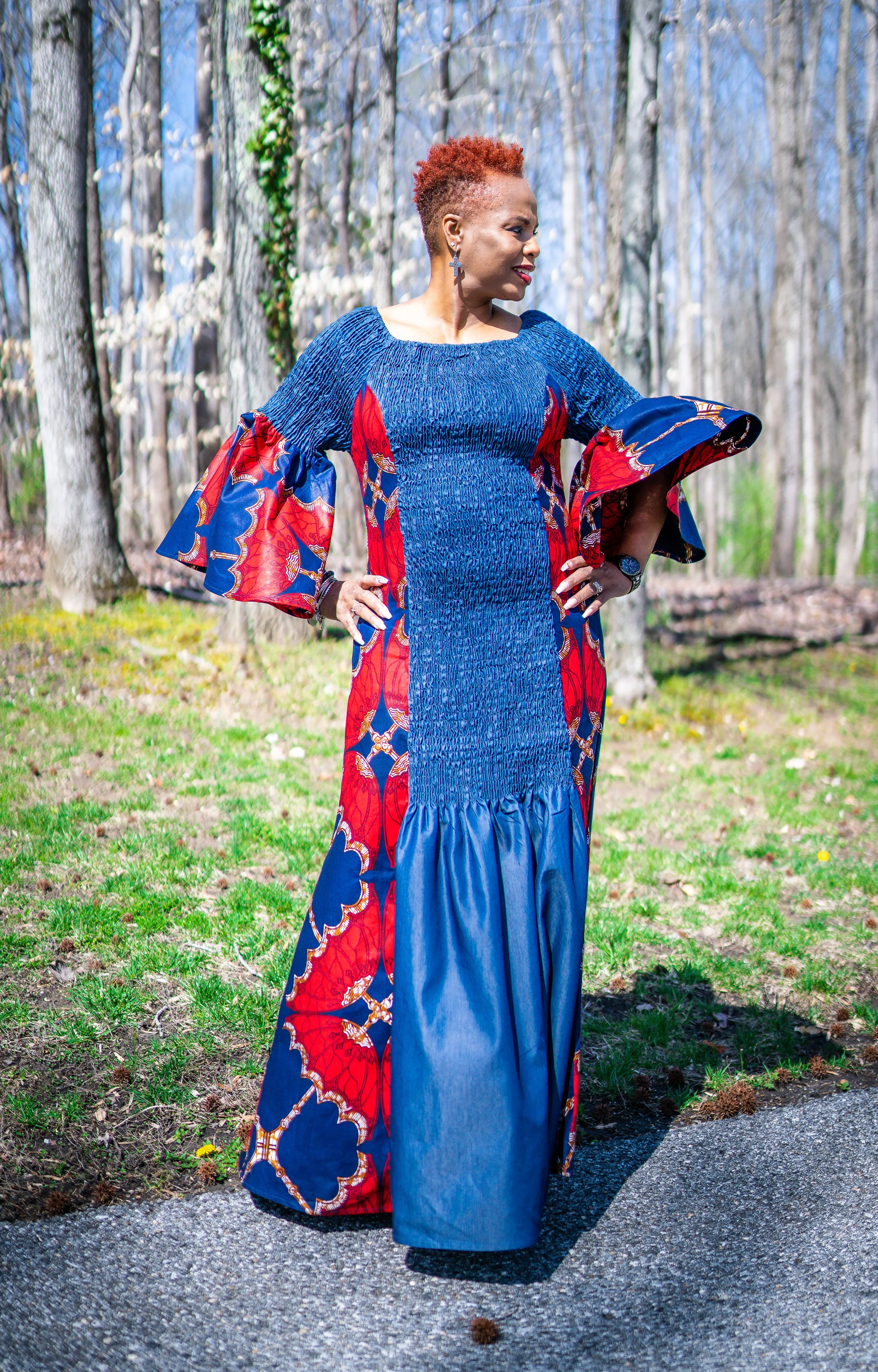 Denim and Red Insert Bell Sleeve Off-Shoulder Maxi Dress w/Pockets (ONE SIZE)