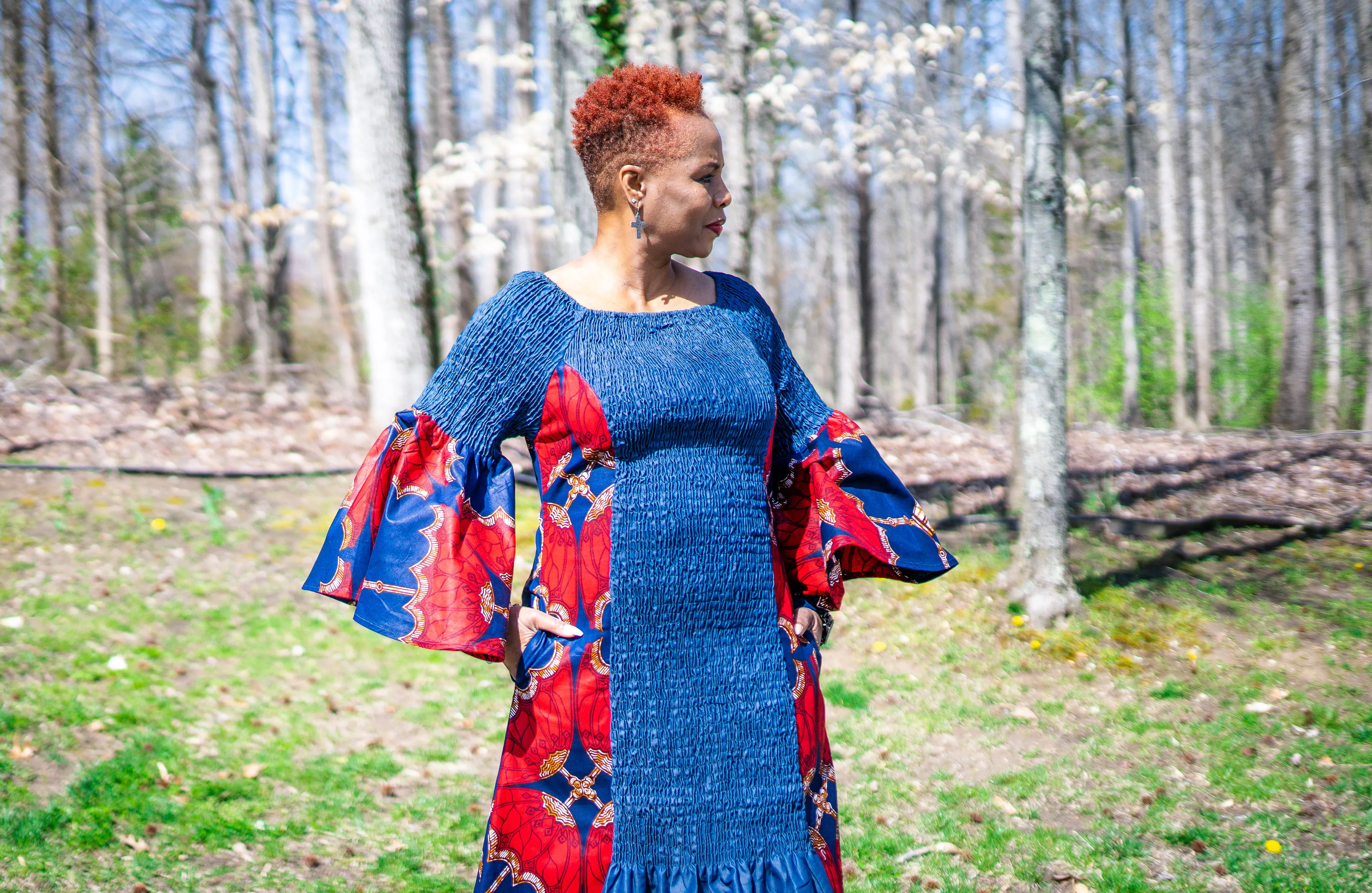Denim and Red Insert Bell Sleeve Off-Shoulder Maxi Dress w/Pockets (ONE SIZE)