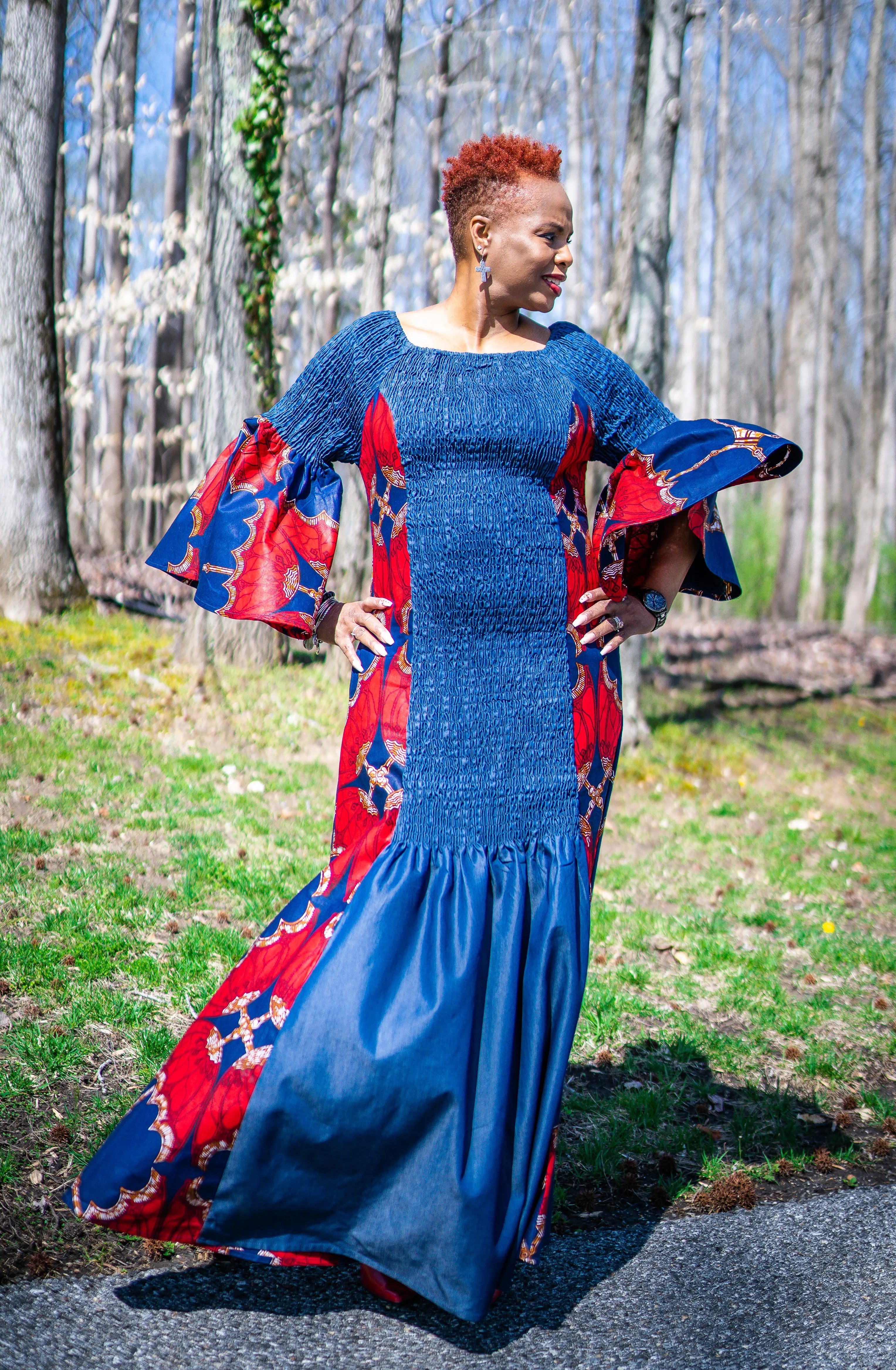 Denim and Red Insert Bell Sleeve Off-Shoulder Maxi Dress w/Pockets (ONE SIZE)