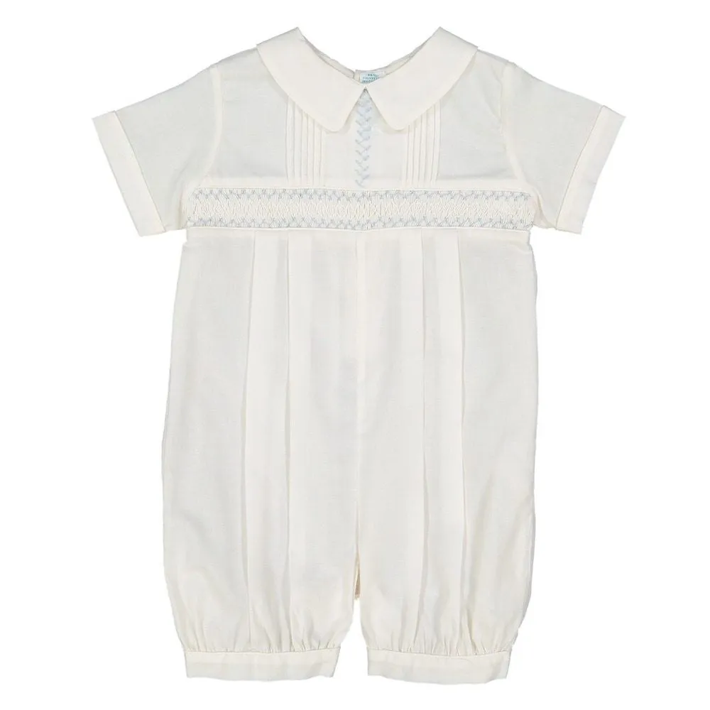 Feltman Brothers Baby Boys Ivory Vintage Romper - Smocked in Blue