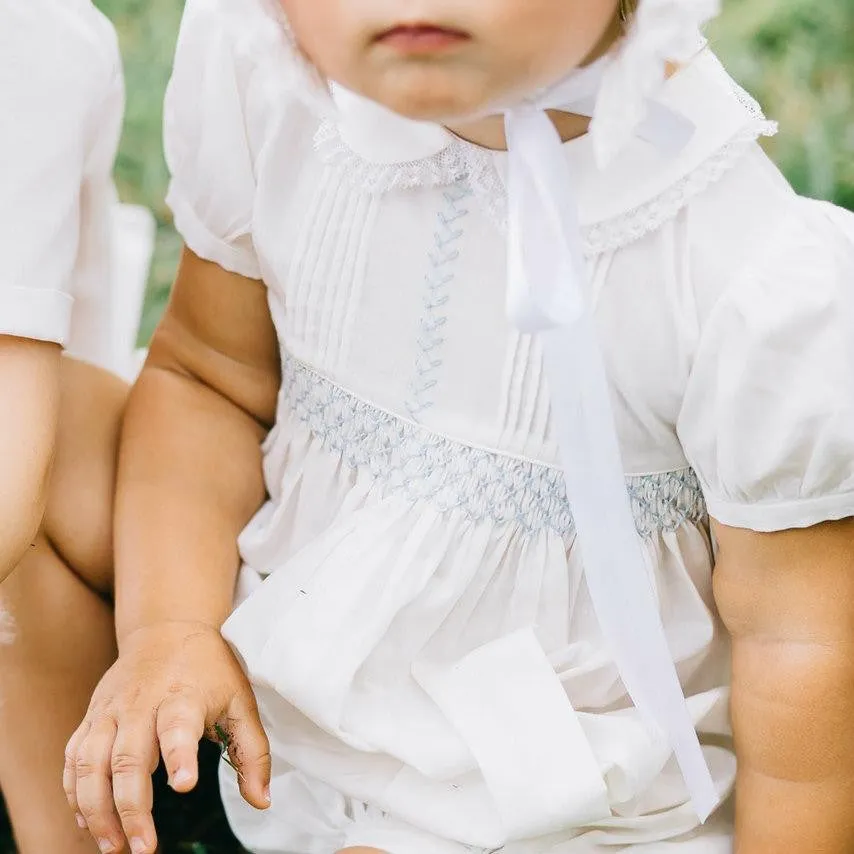 Feltman Brothers Baby Girls Ivory Vintage Romper - Smocked in Blue - Lace Trim