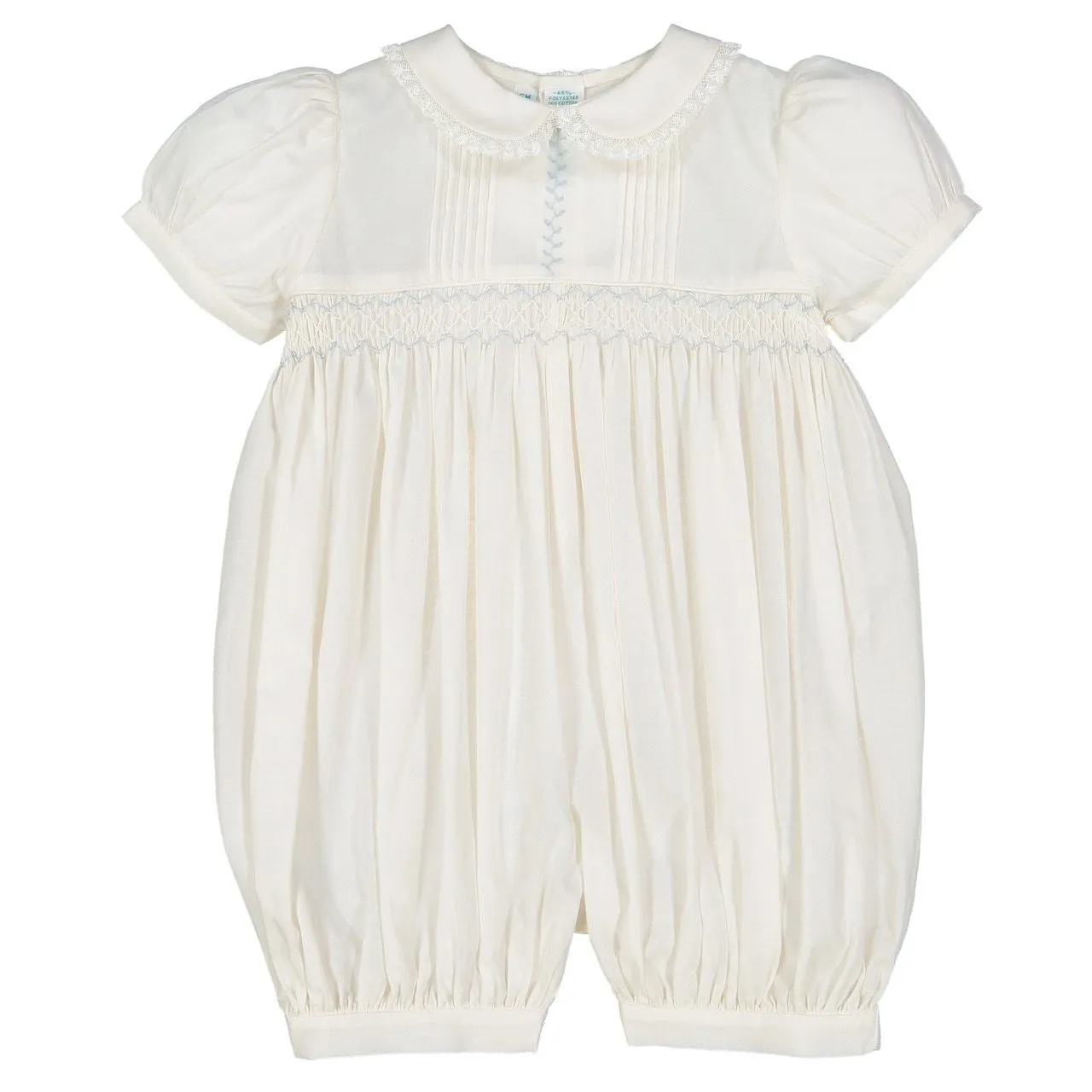 Feltman Brothers Baby Girls Ivory Vintage Romper - Smocked in Blue - Lace Trim