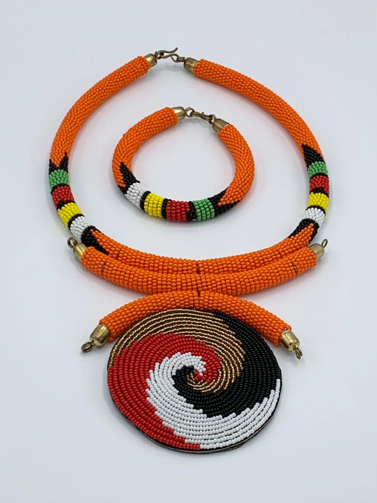 Handmade Orange Ethnic Pendant Necklace Set