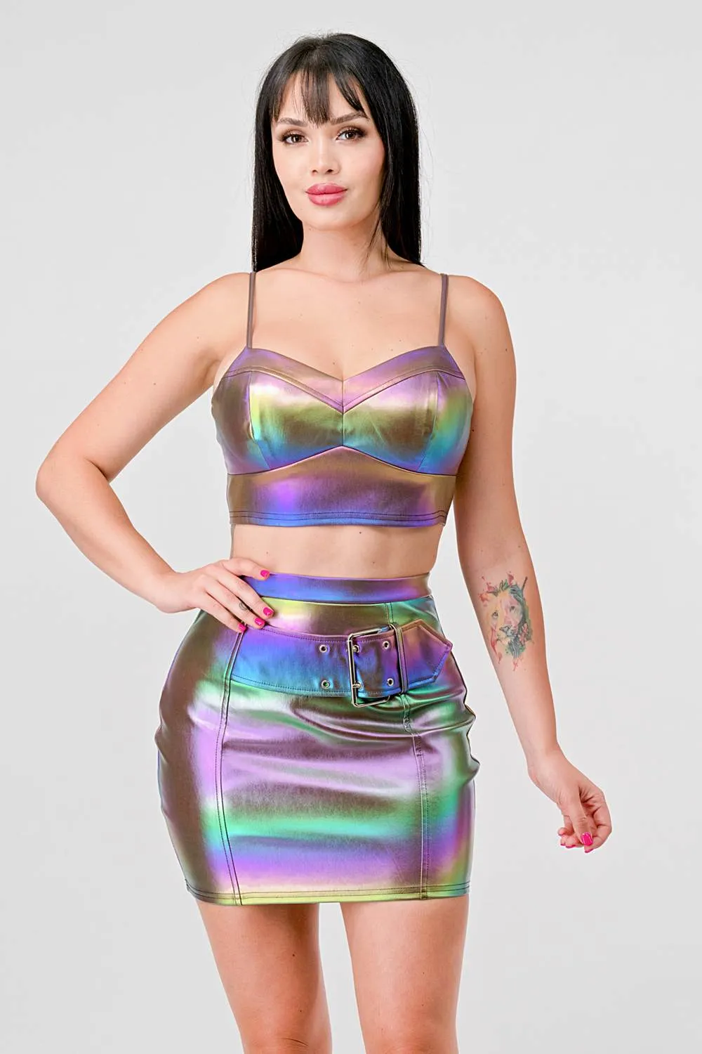HOLOGRAM METALLIC PLEATHER BUSTIER MINI SKIRT SET