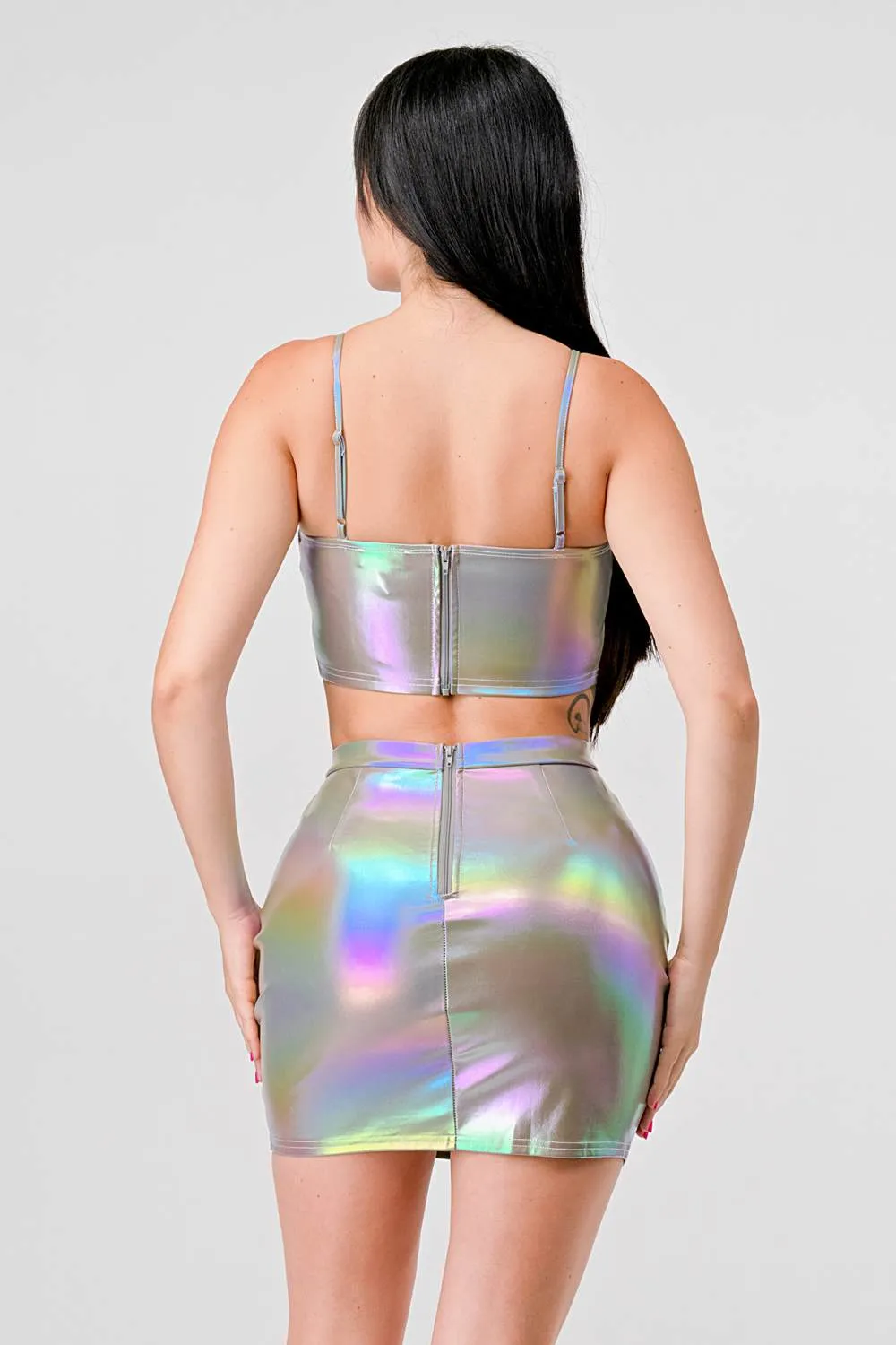 HOLOGRAM METALLIC PLEATHER BUSTIER MINI SKIRT SET