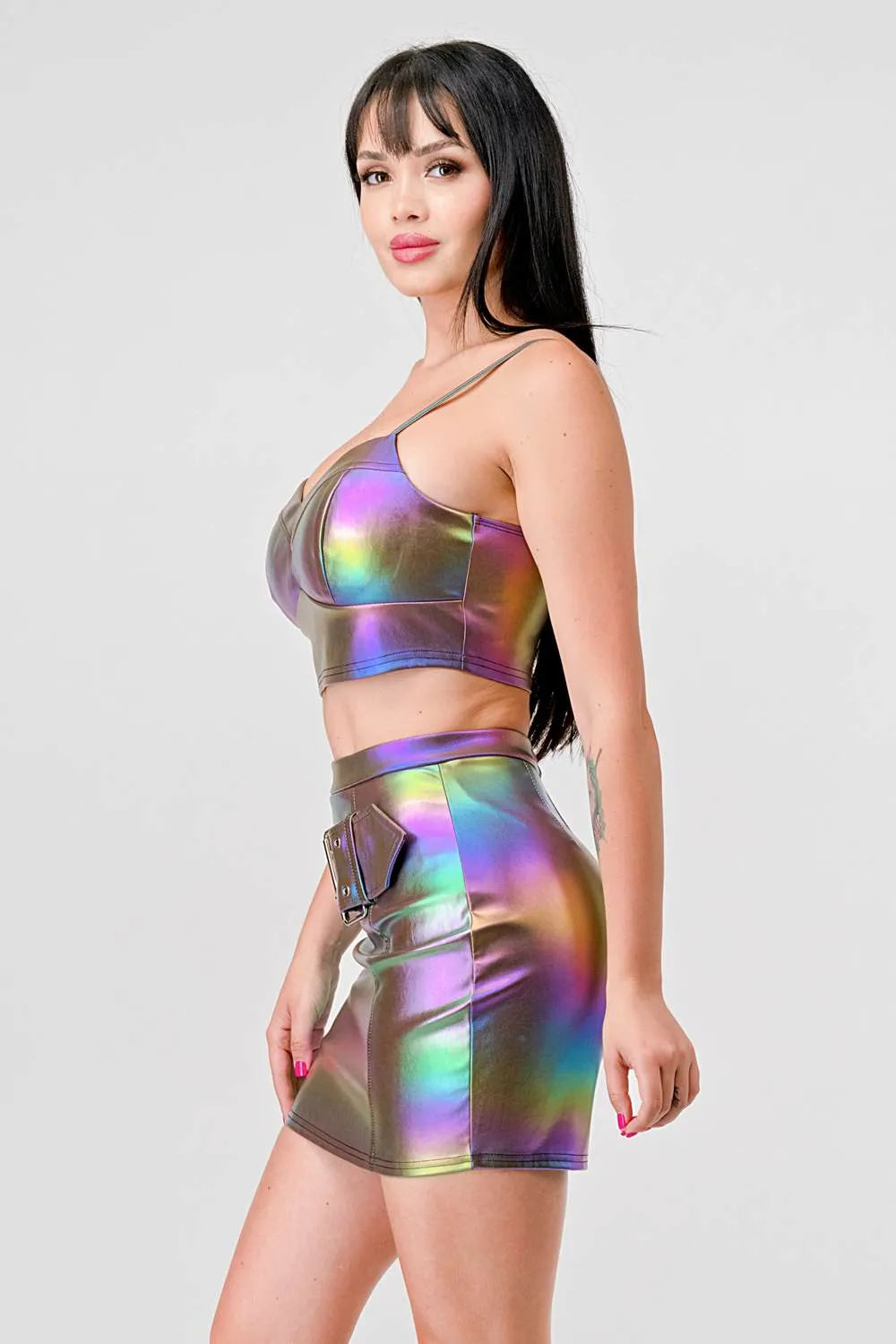HOLOGRAM METALLIC PLEATHER BUSTIER MINI SKIRT SET