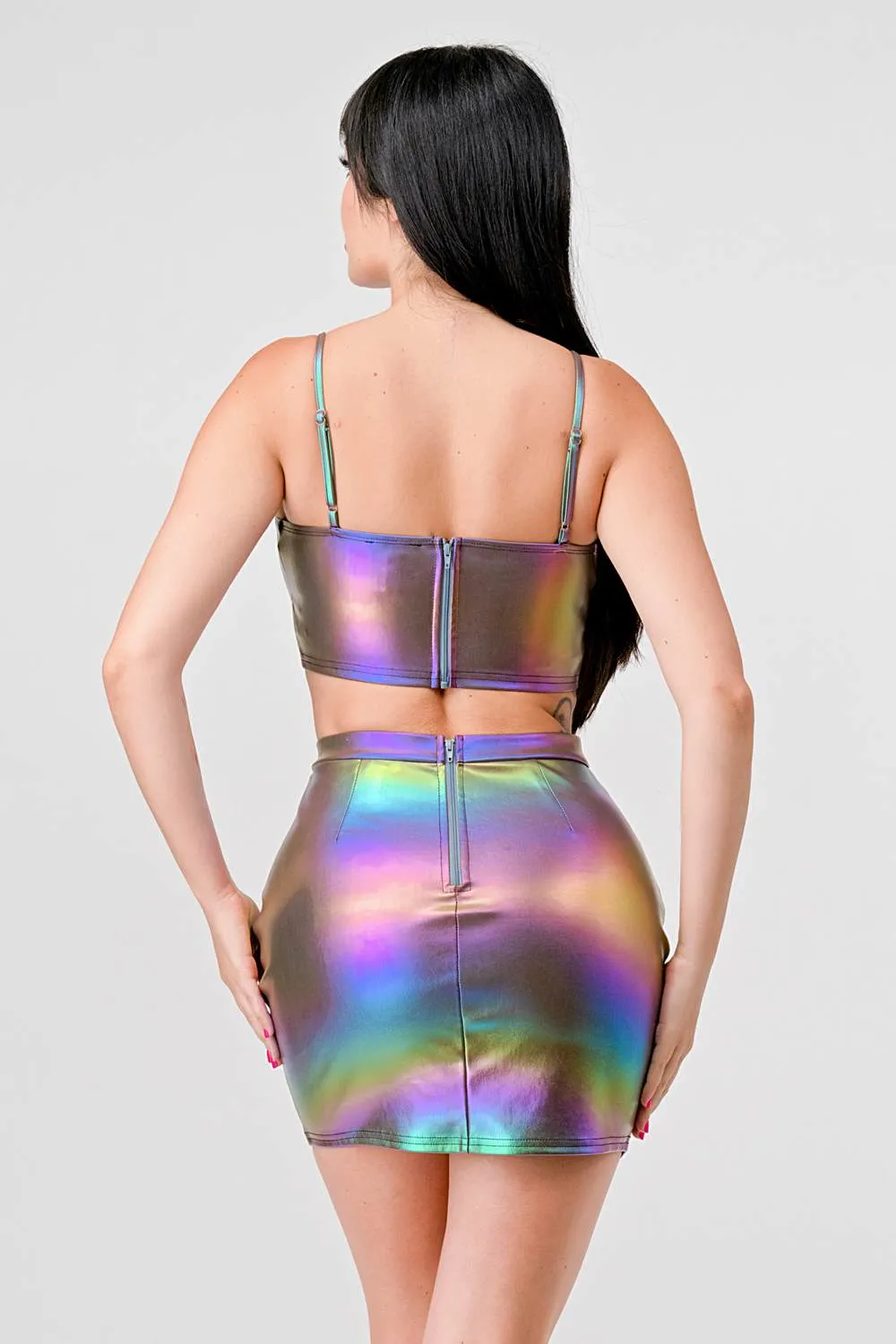 HOLOGRAM METALLIC PLEATHER BUSTIER MINI SKIRT SET