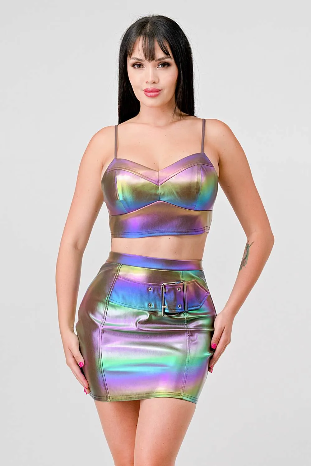 HOLOGRAM METALLIC PLEATHER BUSTIER MINI SKIRT SET