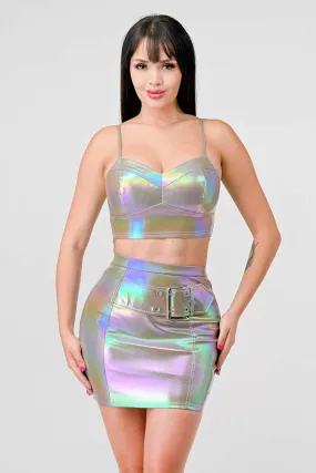 HOLOGRAM METALLIC PLEATHER BUSTIER MINI SKIRT SET