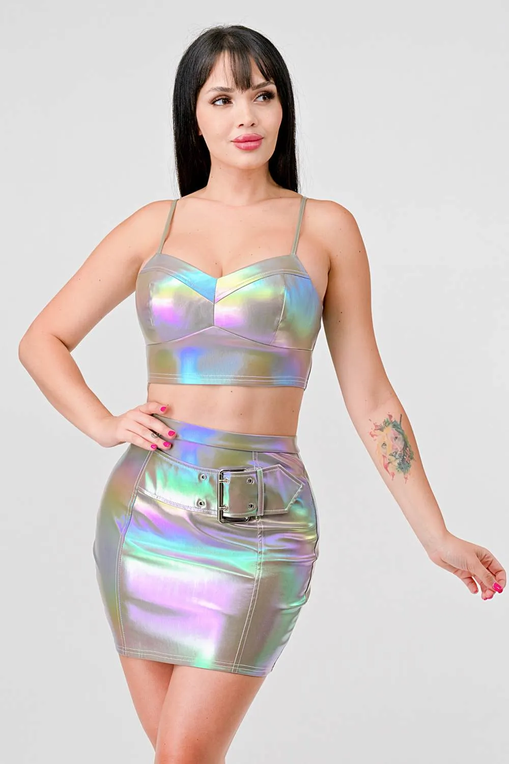 HOLOGRAM METALLIC PLEATHER BUSTIER MINI SKIRT SET