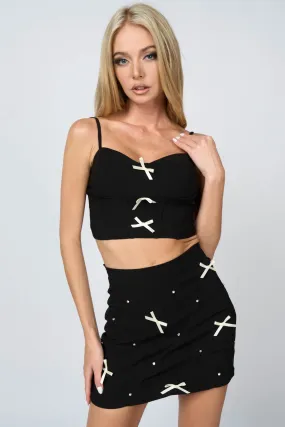 LUXE BOWS DESIGN CROP TOP & MINI SKIRT SETS