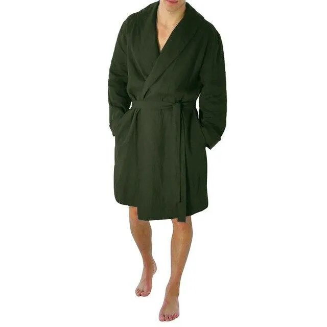 Men's Autumn Home Clothes Long Sleeved Robe Coat Men's Casual Pure Color Cotton Linen Long Bathrobe Home Nightgown Pajamas Robe