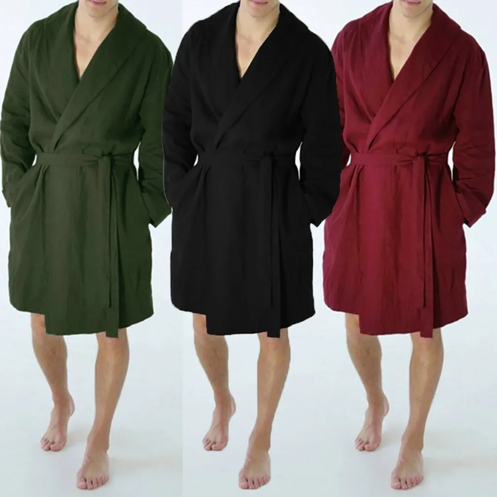 Men's Autumn Home Clothes Long Sleeved Robe Coat Men's Casual Pure Color Cotton Linen Long Bathrobe Home Nightgown Pajamas Robe