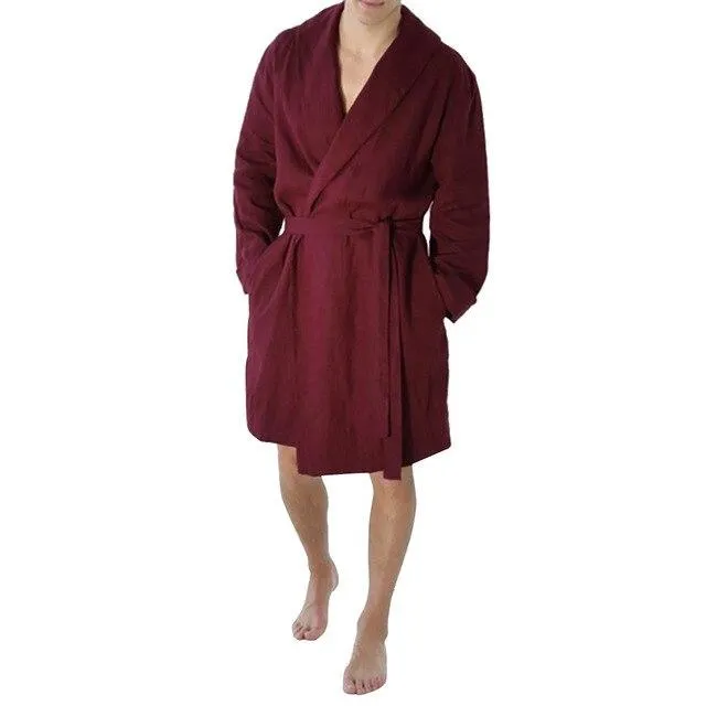 Men's Autumn Home Clothes Long Sleeved Robe Coat Men's Casual Pure Color Cotton Linen Long Bathrobe Home Nightgown Pajamas Robe