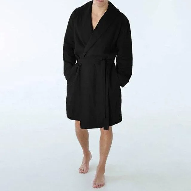 Men's Autumn Home Clothes Long Sleeved Robe Coat Men's Casual Pure Color Cotton Linen Long Bathrobe Home Nightgown Pajamas Robe