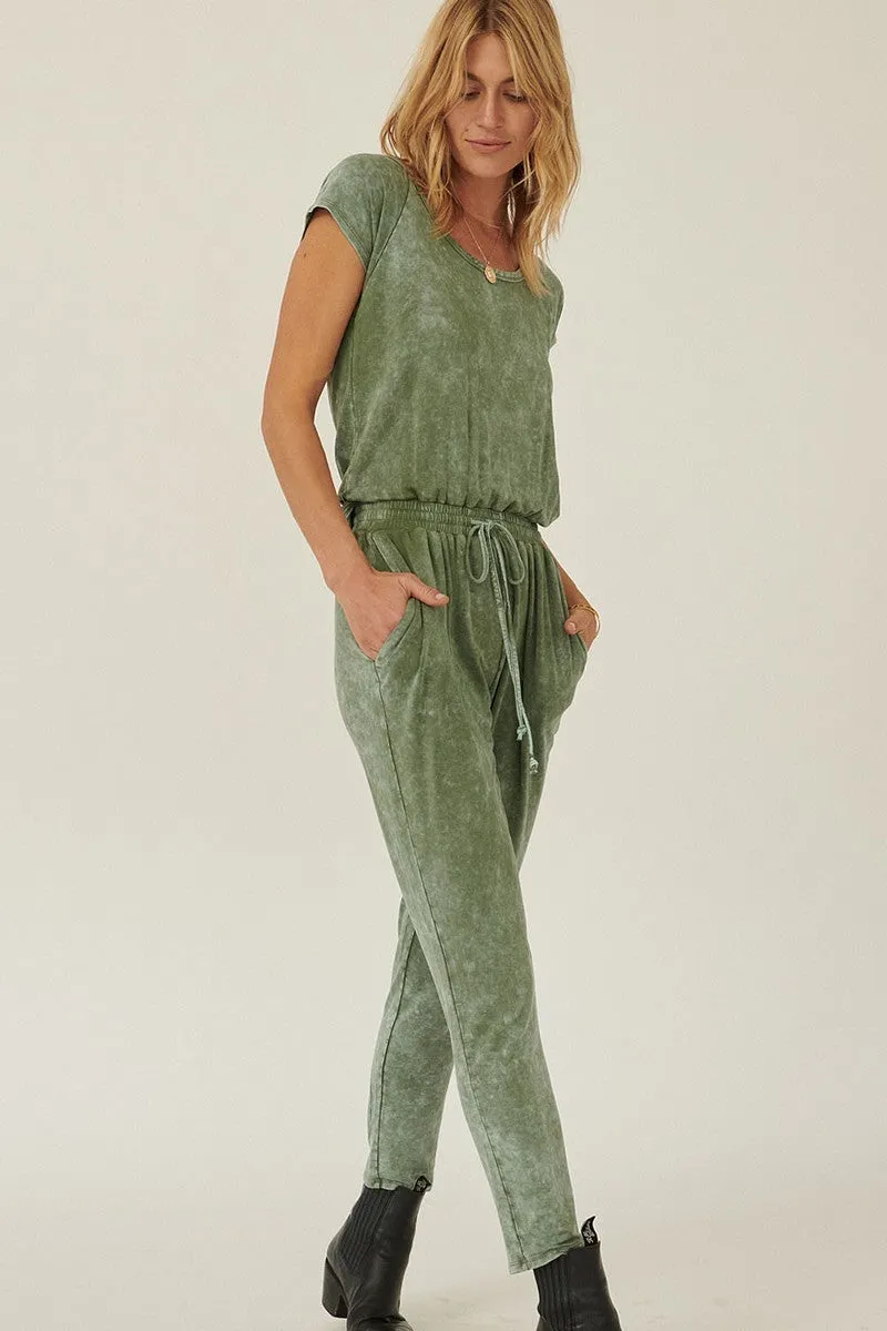 Relaxed Mineral Washed Knit Jumpsuit with Drawstring Waist