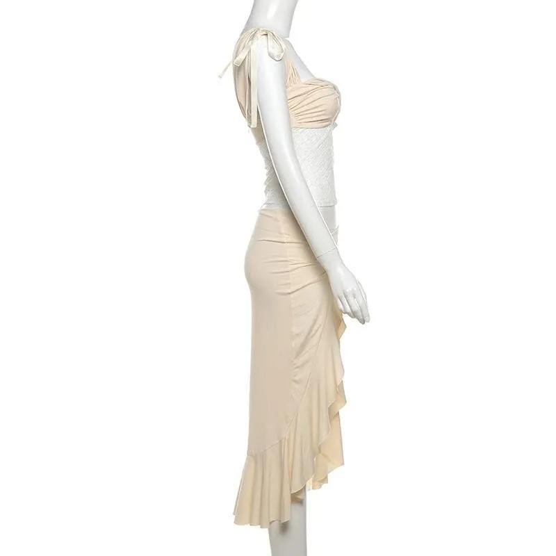 Ruffle ruched high slit hollow out ribbon cut out midi skirt set