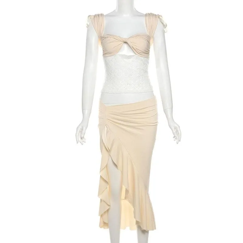Ruffle ruched high slit hollow out ribbon cut out midi skirt set