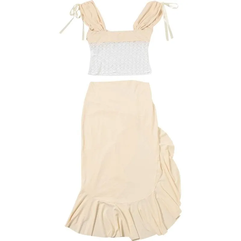 Ruffle ruched high slit hollow out ribbon cut out midi skirt set