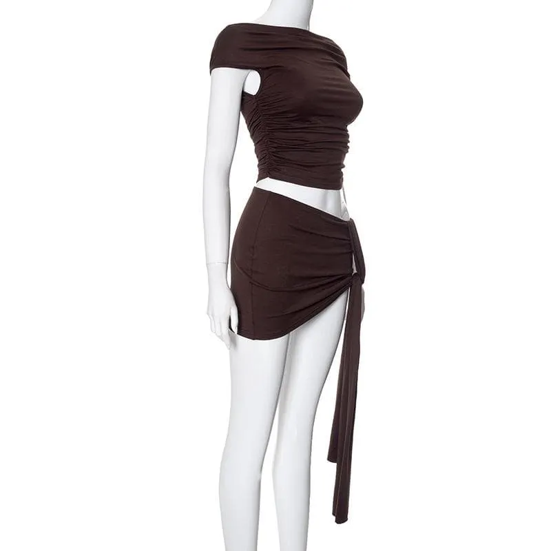 Short sleeve ruched ruffle mini skirt set