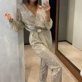 UAKISS  -  Sexy V-neck Glitter Sequin Shiny Jumpsuits Women Spring Lace-up Slim Straight Playsuit Rompers Autumn Long Sleeve Party Overalls