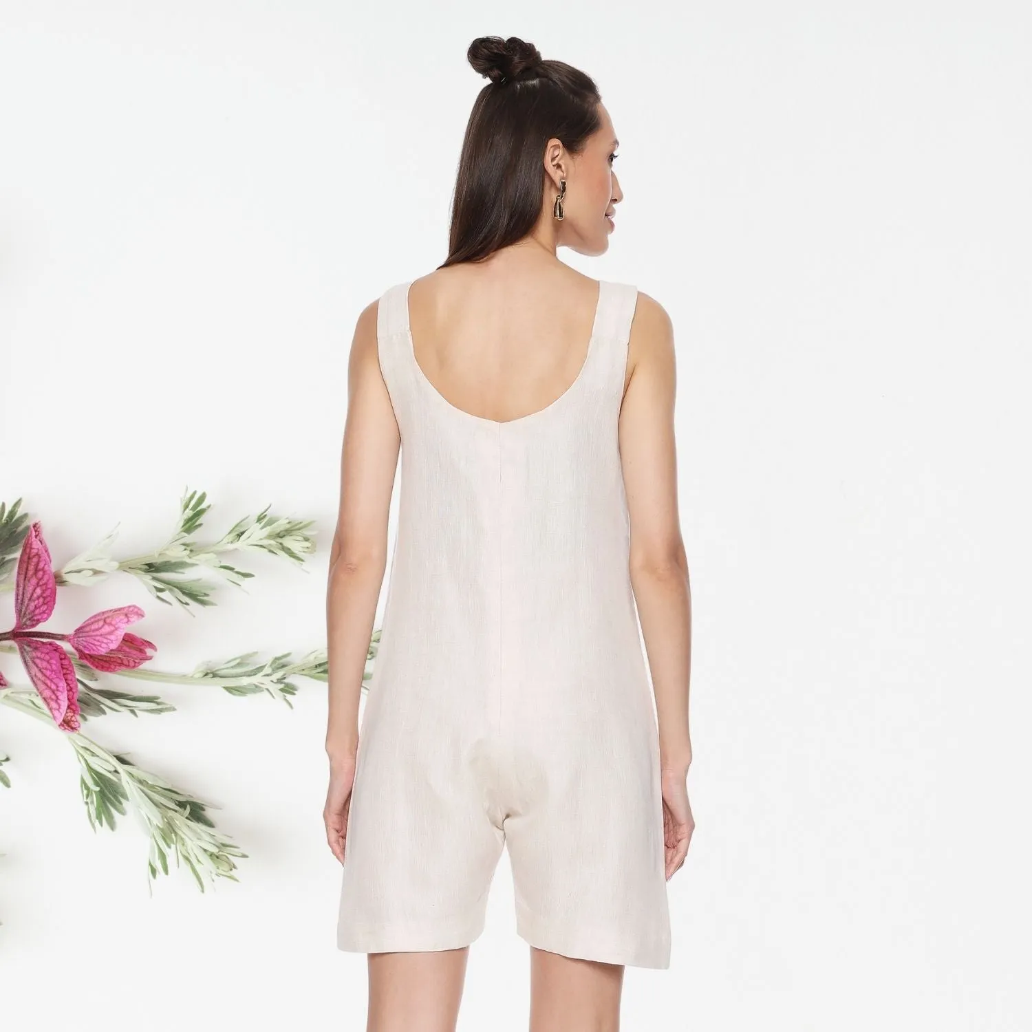 Uber Chic Haydee Linen Romper | Hand-Embroidered | Casual Wear