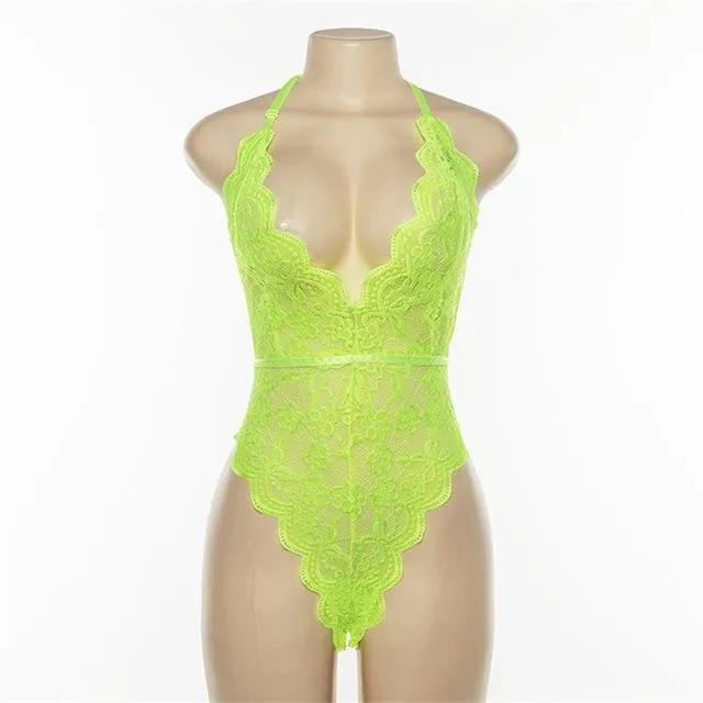 women deep V sheer bodysuits