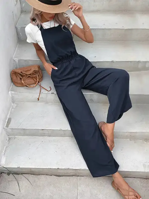 Women’s Casual Stretch Elastic Belt Bib Overalls Jumpsuit