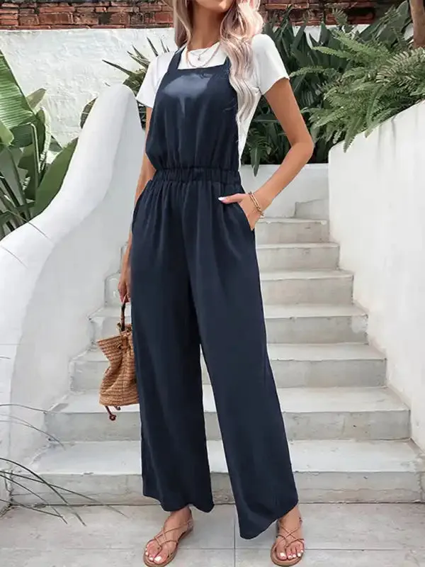 Women’s Casual Stretch Elastic Belt Bib Overalls Jumpsuit